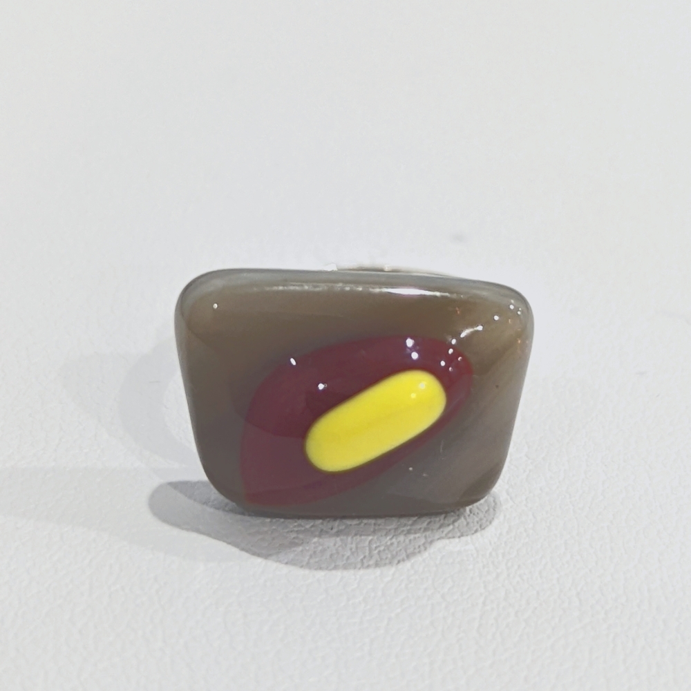 Artisan Handmade small grey abstract fused glass adjustable ring.